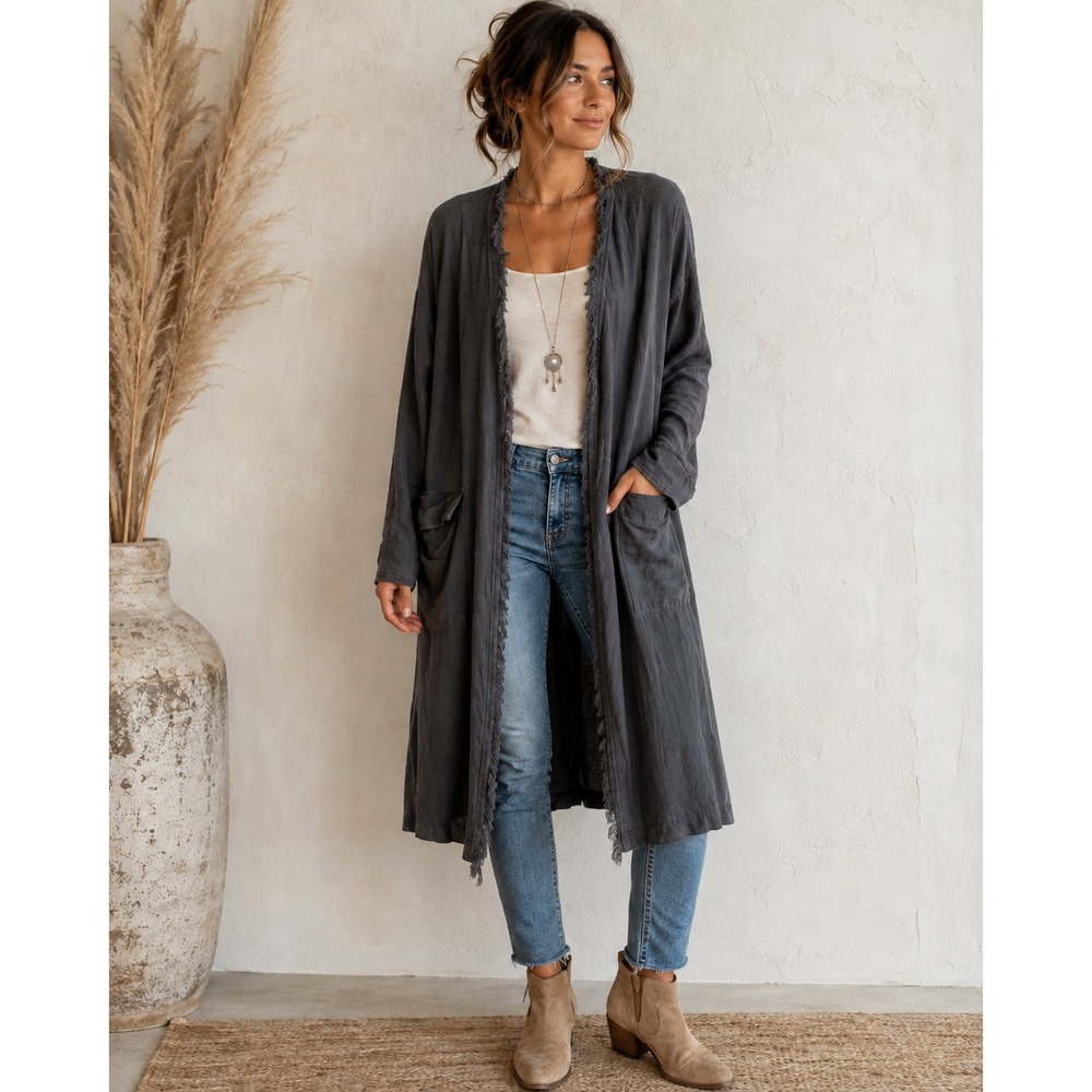 Easel Linen Blend Duster Cardigan S Charcoal Fringe Boho Lagenlook